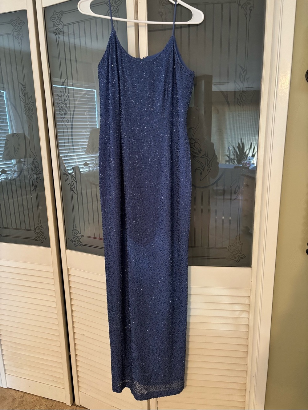 Beaded Navy Maxi Slip Dress with Spaghetti Straps